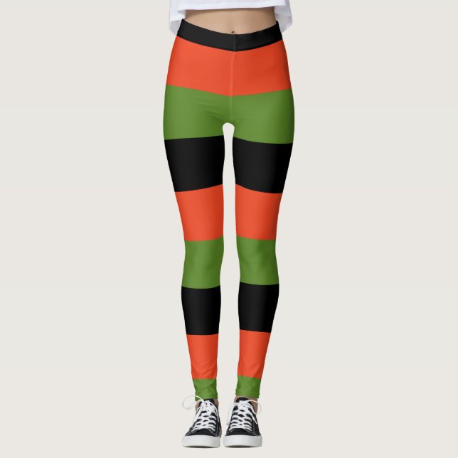 Black Orange & Green Striped Halloween Leggings (Front)