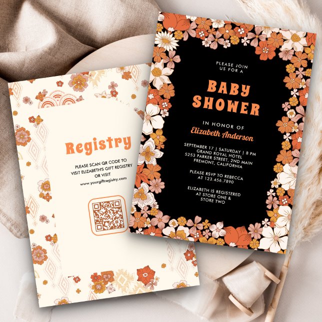 Black Orange Groovy Retro Wildflower Baby Shower Invitation (Creator Uploaded)