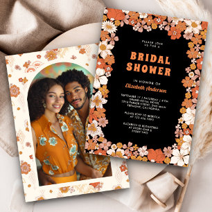 Black Orange Groovy Retro Wildflower Bridal Shower Invitation