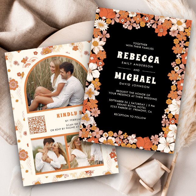Black Orange Groovy Retro Wildflower Wedding Invitation (Creator Uploaded)