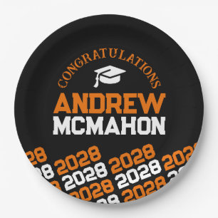 Black & Orange Half Repeat Grad Personalised Paper Plate