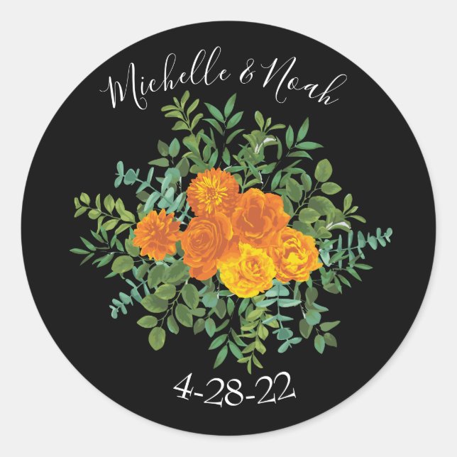 Black & Orange Halloween Gothic Wedding Collection Classic Round Sticker (Front)