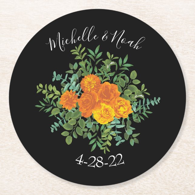 Black & Orange Halloween Gothic Wedding Collection Round Paper Coaster (Front)
