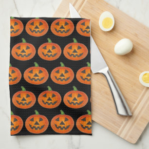 Black Orange Halloween Jack o Lantern Pumpkin Tea Towel