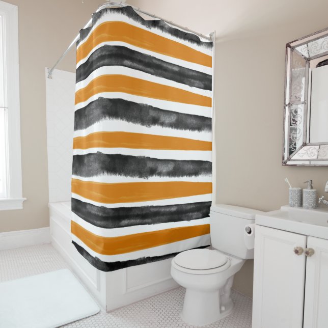 Black & Orange Halloween Watercolor Stripes Shower Curtain (In Situ)