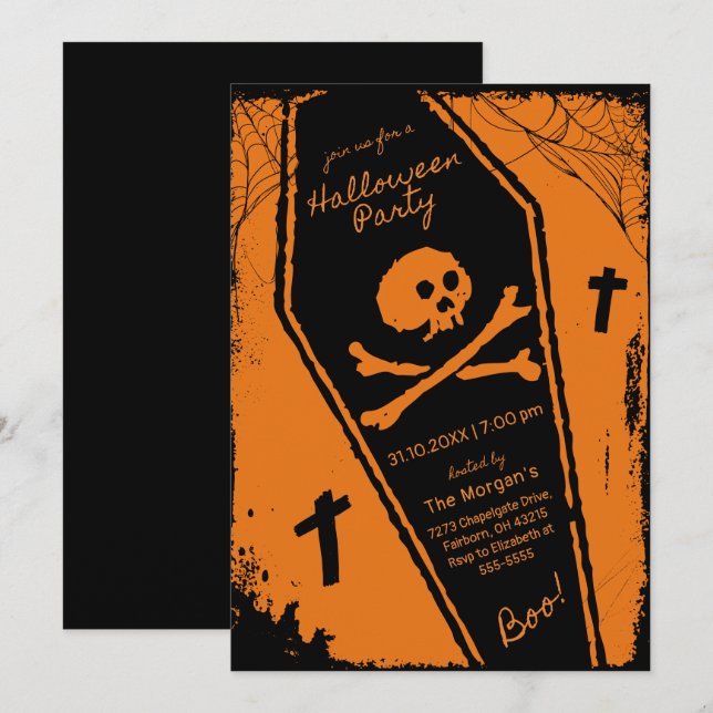 Black & Orange Hand Drawn Coffin Halloween Party  Invitation (Front/Back)