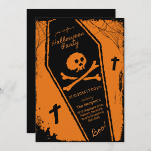 Black & Orange Hand Drawn Coffin Halloween Party  Invitation