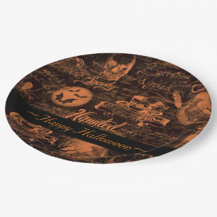Black & Orange Haunted Halloween Paper Plate