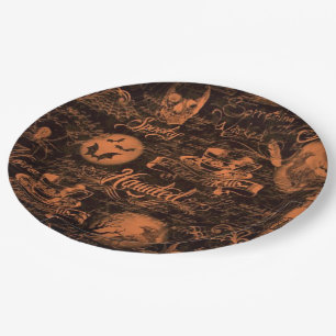Black & Orange Haunted Halloween Paper Plates
