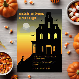Black & Orange Haunted House Halloween Party Invitation
