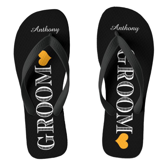 Black/Orange Heart Groom's Flip Flops (Footbed)