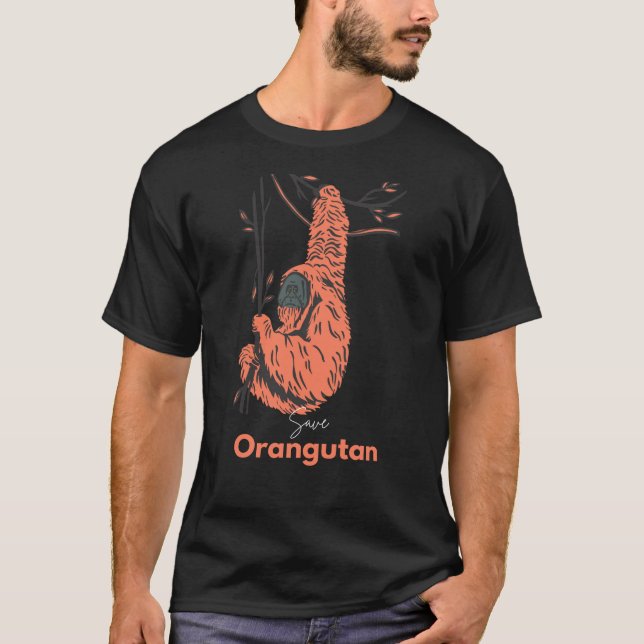 Black Orange Illustrated Save Orangutan  T-Shirt (Front)