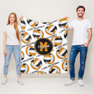 black orange kids sports I love volleyball pattern Fleece Blanket
