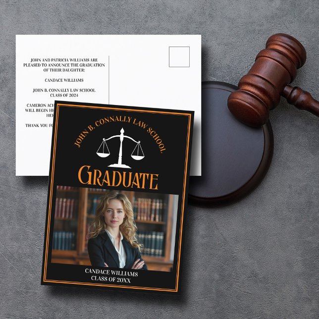 Black Orange Law School Graduation Photo Announcement Postcard (Creator Uploaded)