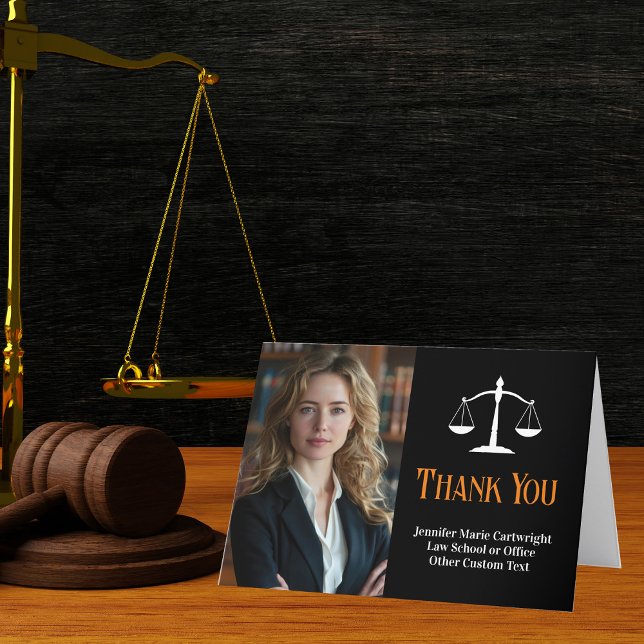 Black Orange Law School Graduation Photo Lawyer Thank You Card (Creator Uploaded)