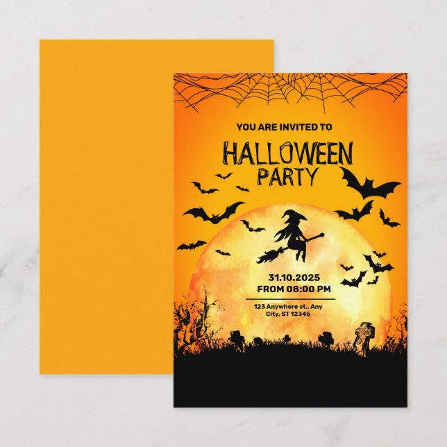 Black & Orange Minimalist Horror Halloween Invitation (Front/Back)