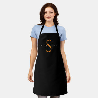 Black Orange Monogram Modern Minimalist Your Name Apron