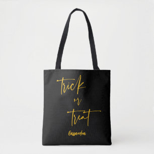 Black Orange Name Trick or Treat Halloween Tote Bag