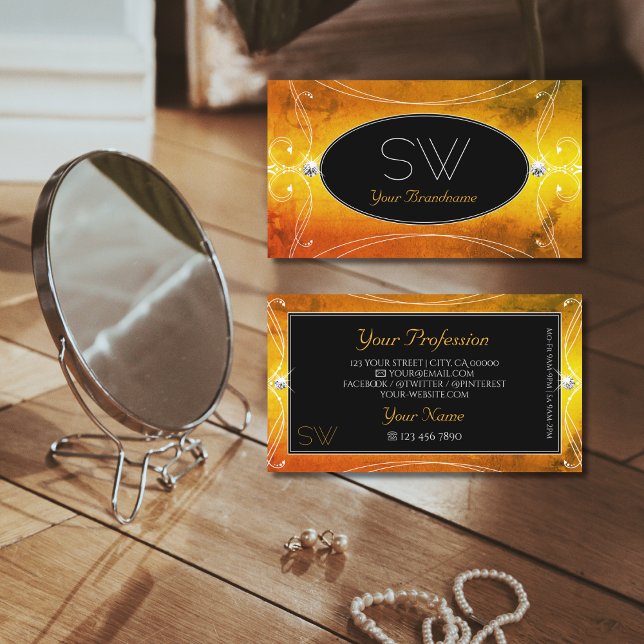 Black Orange Ornate Sparkling Diamonds Monogram Business Card (Creator Uploaded)