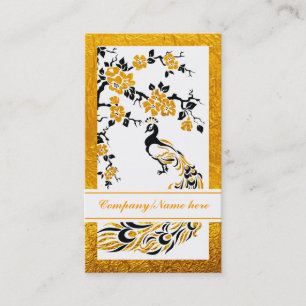 Black, orange peacock and cherry blossoms business card