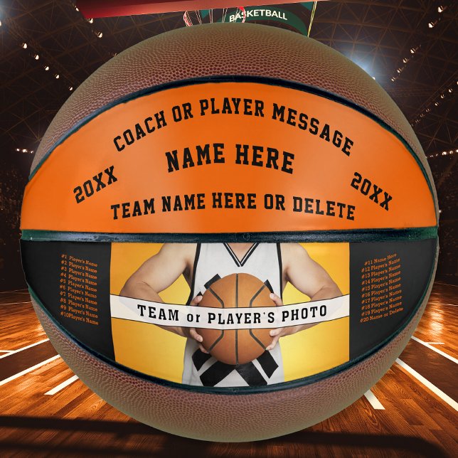 Black Orange, Personalised Basketball for Coaches  (Orange, Black, Photo Basketball. Basketball gifts for seniors. Personalized basketball coach gifts.)