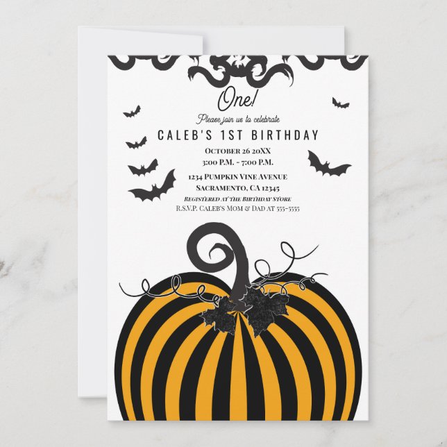 Black & Orange Pumpkin Halloween 1st Birthday Invitation (Front)