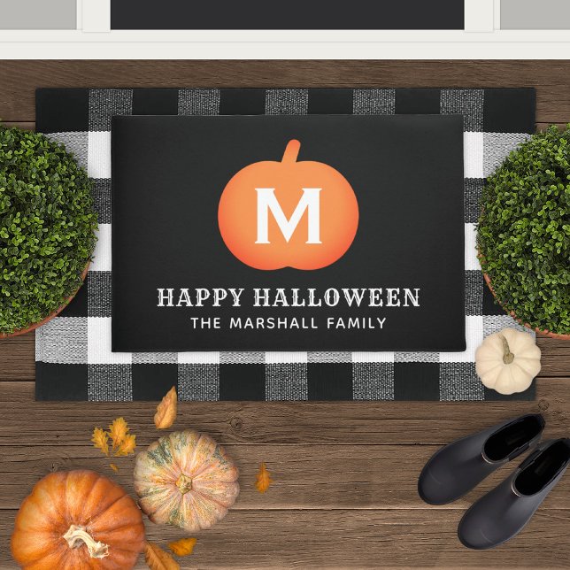 Black Orange Pumpkin Monogram Happy Halloween Doormat (Creator Uploaded)