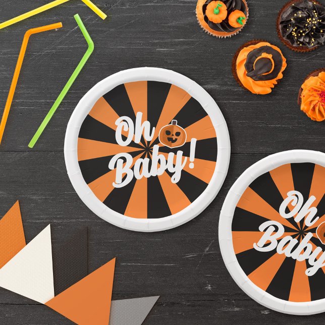 Black Orange Pumpkin Oh Baby Halloween Baby Shower Paper Plate (Creator Uploaded)