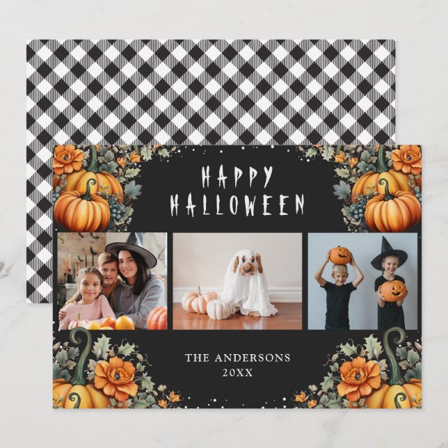 Black Orange Pumpkins Photo Happy Halloween Cards (Front/Back)
