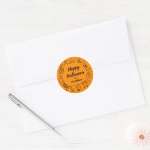 Black & Orange Quirky Hand Drawn Spooky Halloween Classic Round Sticker
