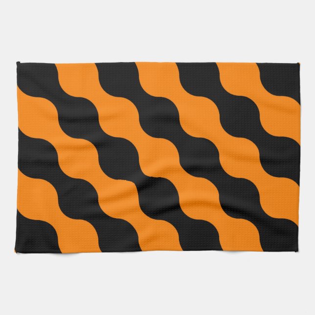 Black, Orange Retro Circles Art Pattern Tea Towel (Horizontal)