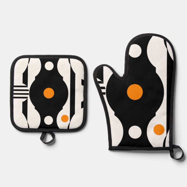 Black Orange Retro Mod Geometric Oven Mitt & Pot Holder Set (Front)
