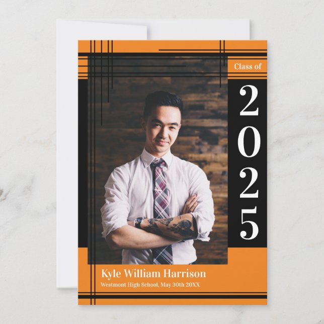 Black Orange School Colour Graduation Photo Plaid Invitation (Front)