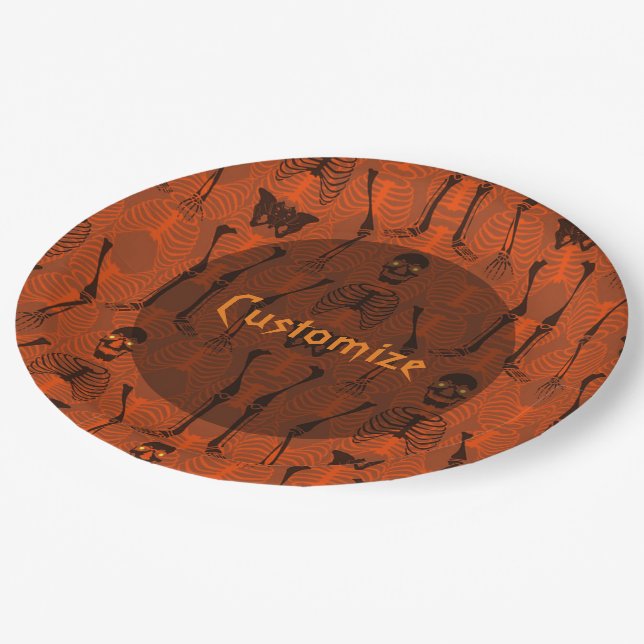 Black & Orange Skeletons Halloween Paper Plates (Angled)