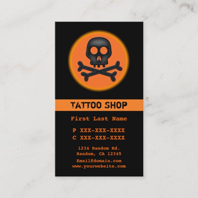 Black orange skull tattoo custom business cards (Front)