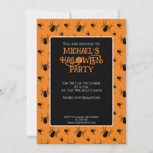 Black orange spiders Halloween party Custom Invitation