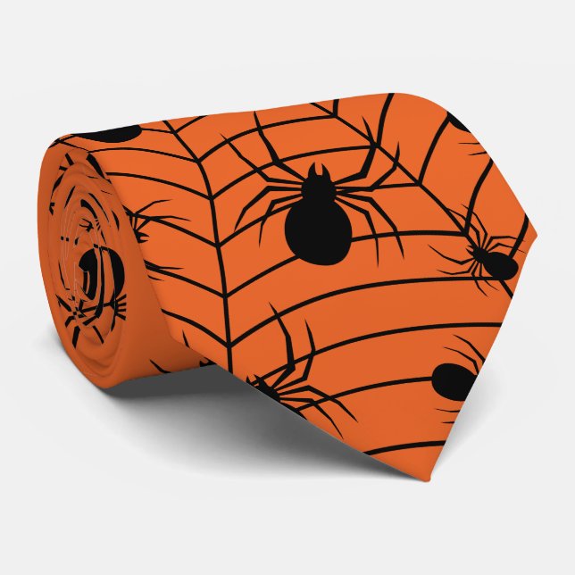 Black Orange spiders spiderweb Halloween pattern Tie (Rolled)