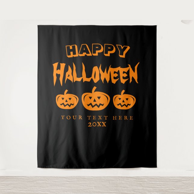 Black orange spooky Halloween party photo backdrop Tapestry (Front)