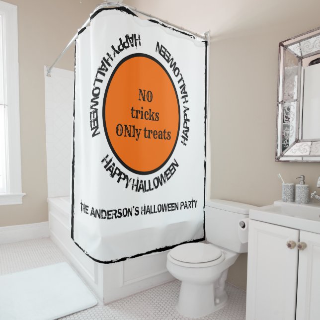 Black Orange Spooky Typography Happy Halloween Shower Curtain (In Situ)