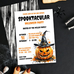 Black Orange Spooky Witch Hat Pumpkin Halloween Invitation