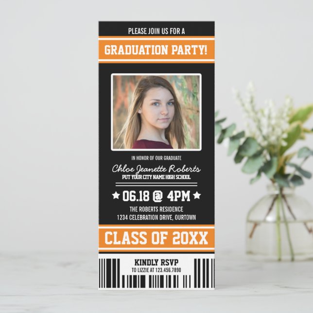 Black|Orange Sporty Graduation Party Ticket Invitation (Standing Front)