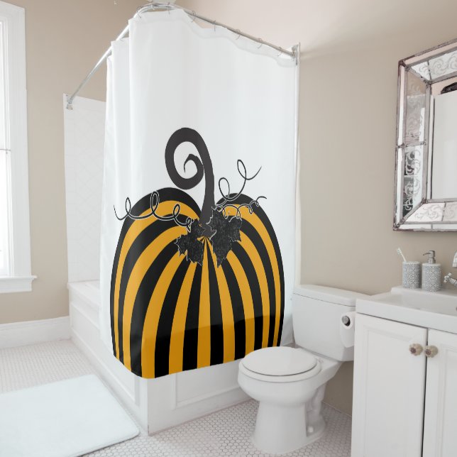 Black & Orange Striped Pumpkin Chic Autumn Fall  Shower Curtain (In Situ)