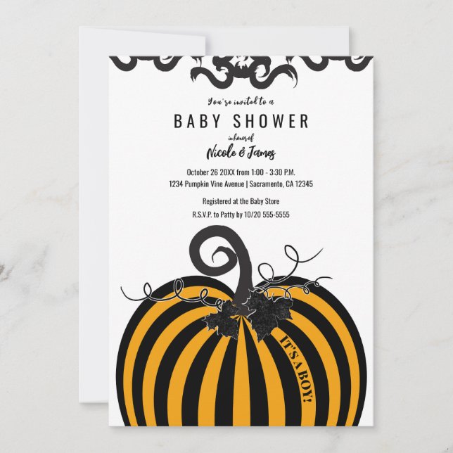 Black & Orange Striped Pumpkin Fall Baby Shower Invitation (Front)