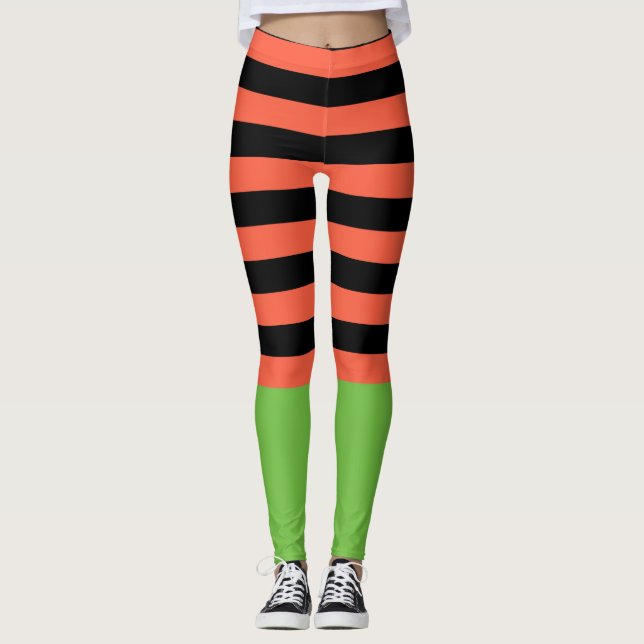 Black & Orange Stripes Green Bottom Fun Halloween Leggings (Front)