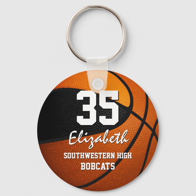 Black orange team colours girls boys basketball key ring (Front)