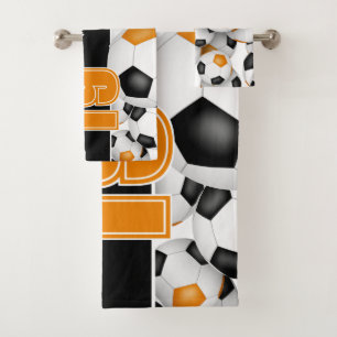 black orange team spirit gift Lots of soccer balls Bath Towel Set
