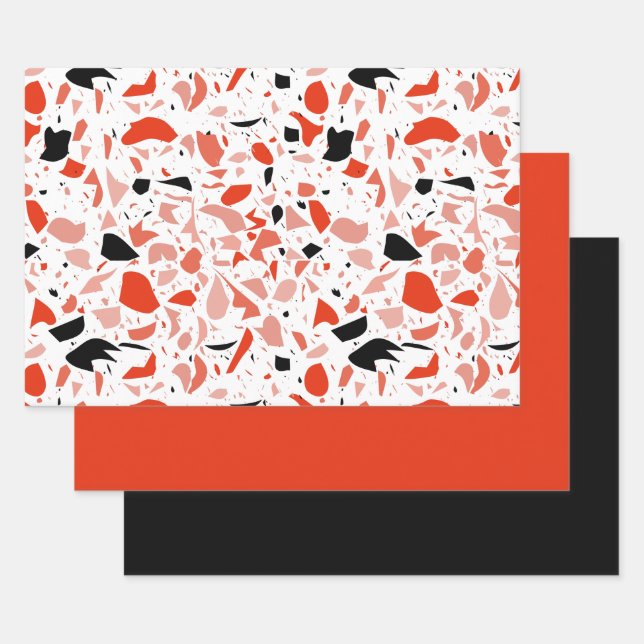 Black Orange Terrazzo Pattern Fall Halloween Wrapping Paper Sheet (Set)