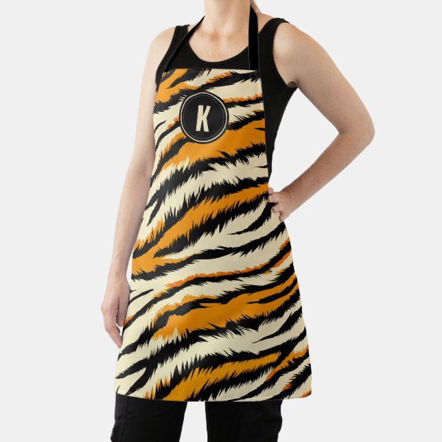 Black Orange Tiger Stripes Pattern Monogram Apron (Insitu)