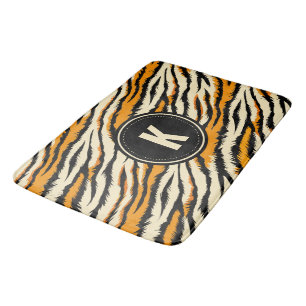 Black Orange Tiger Stripes Pattern Monogram Bath Mat
