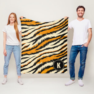 Black Orange Tiger Stripes Pattern Monogram Fleece Blanket